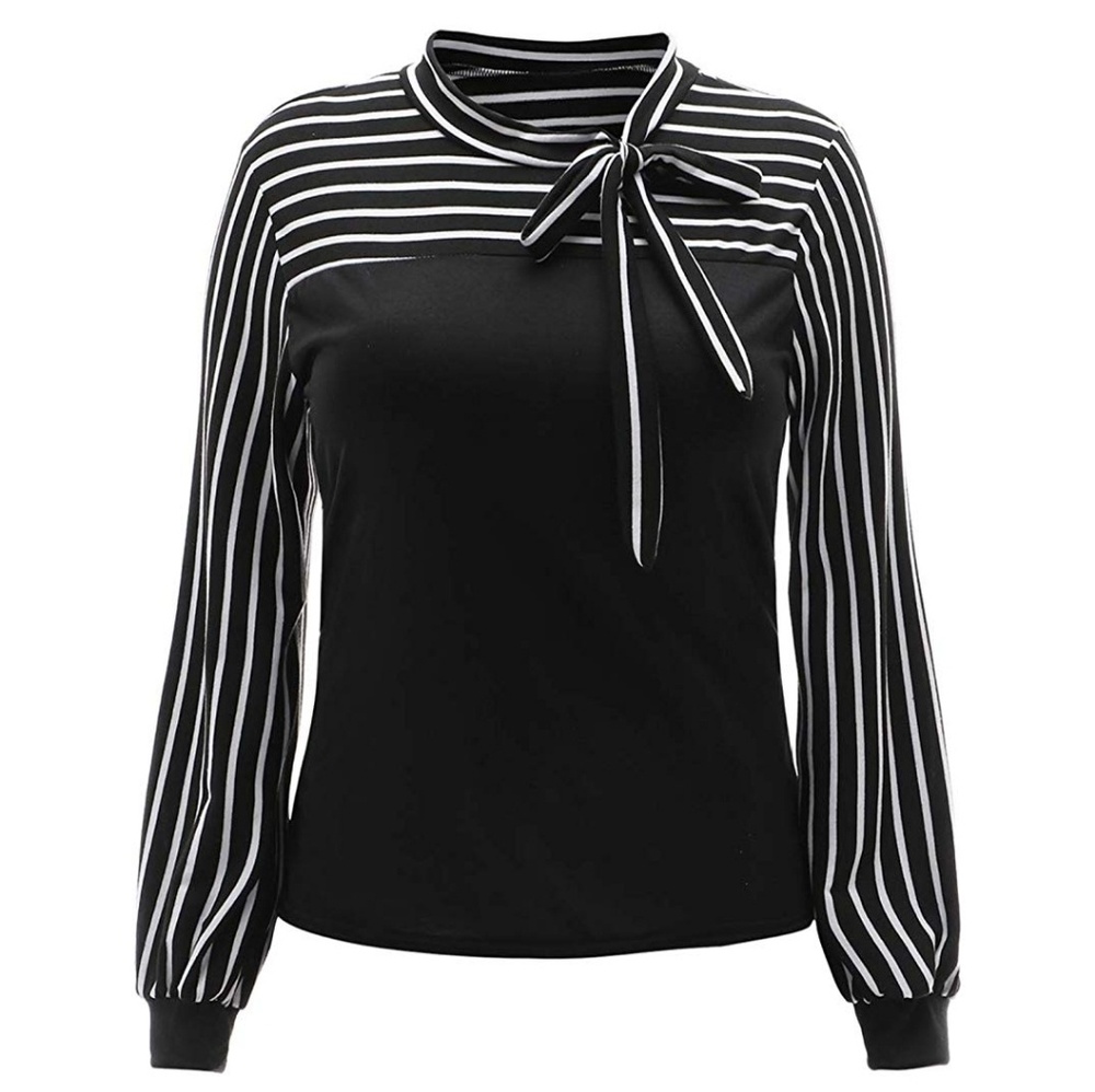 Striped Bow Tie Neck Long Sleeve Shirt